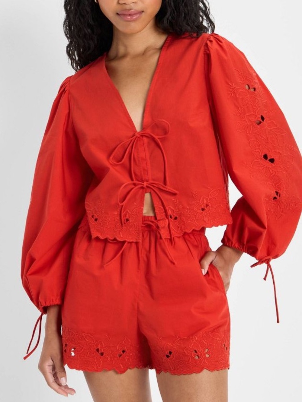 Future Collective Women's Long Sleeve Eyelet Tie-Front Poplin Blouse Size L